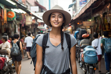 Young Asian traveling backpacker in Khaosan Road outdoor market in Bangkok, Thailand