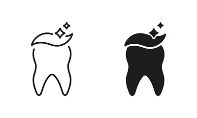 Tooth Cleaning Silhouette and Line Icon Set. Dental Hygiene with Toothpaste Pictogram. Orthodontic Healthcare Symbol Collection. Dental Treatment, Healthy Clean Teeth. Isolated Vector Illustration