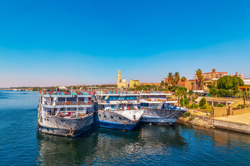 View of the Aswan waterfront from the Nile River.
