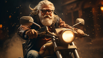 an elderly man rides a modern motorcycle with a joyful expression on his face. ai generative
