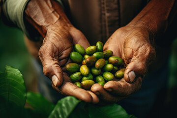 Hands holding fresh green coffee beans. Concept represents sustainable farming and harvest.