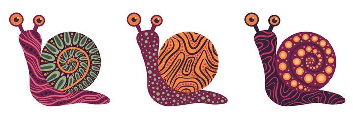 Childish cartoon snails flat set. Cute colorful decorative elements. Isolate illustration