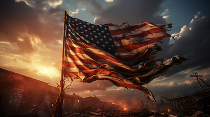Dirty flag of the United States of America, symbolic image for destroyed and broken United States of America, Ai generated - obrazy, fototapety, plakaty