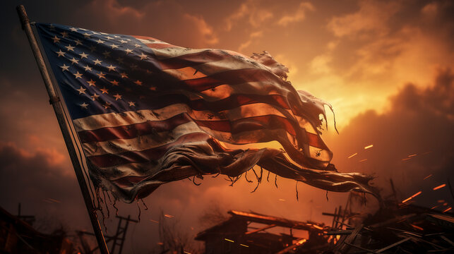 Dirty flag of the United States of America, symbolic image for destroyed and broken United States of America, Ai generated