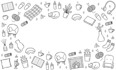 Cozy home set of doodle cartoon icons. Vector illustration elements of home accessories, comfort and everyday life.