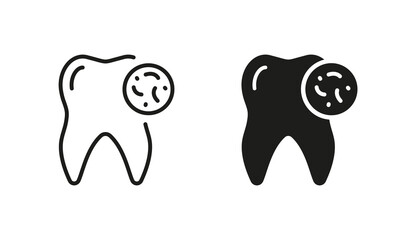 Tooth Bacteria Silhouette and Line Icon Set. Oral Virus Problem Pictogram. Microbe and Infection on Human Tooth. Dental Treatment Black Symbol Collection. Isolated Vector Illustration