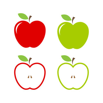 Apple icon. Set of red, green, and half apple with leaf vector.