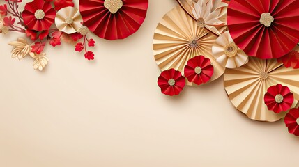 Red and gold paper fan Chinese decoration background for lunar new year concept