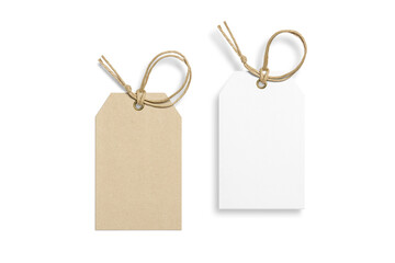 Set of two blank paper hang tags, price tags or cloth labels with string isolated on a transparent...