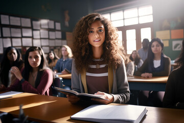 Obraz premium Young girl at school in a lesson class. Girl at the desk in a classroom. Education. AI. ​