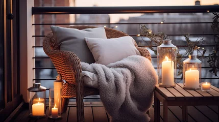 Fotobehang Cosy armchair and candle lights, winter balcony home decor, calm and relax city living mockup arrangement, Generative ai © NoLimitStudio