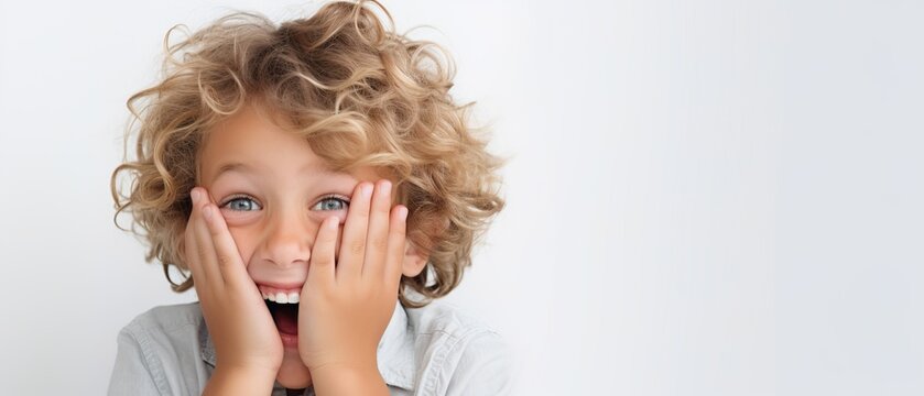 Excited little blond boy with hands over face on white background. Advertisement image