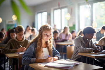 Young girl at school in a lesson class. Girl at the desk in a classroom. Education. AI. 
​ - obrazy, fototapety, plakaty