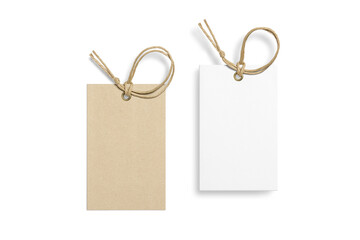 Set of two blank paper hang tags, price tags or cloth labels with string isolated on a transparent...