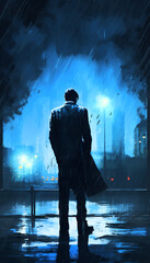 Blue Monday concept, lonely man wearing sui, standing outside alone in rain, detailed, digital sketch
