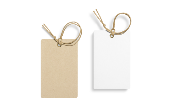 Set of two blank paper hang tags, price tags or cloth labels with string isolated on a transparent background, PNG. High resolution.