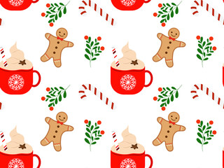 Seamless Christmas pattern with gingerbread man, cocoa and mistletoe.