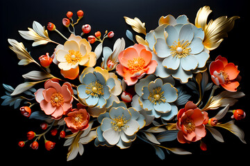 collection of paper art flowers in shades of orange, blue, and gold, artistically arranged against a dark background