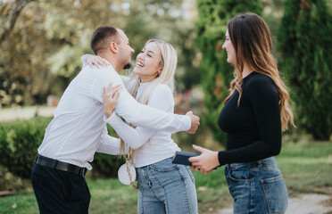 Fototapeta premium Students discuss exams, solve problems, and achieve goals through effective learning, studying together, and faculty inspiration, all in a beautiful park setting.