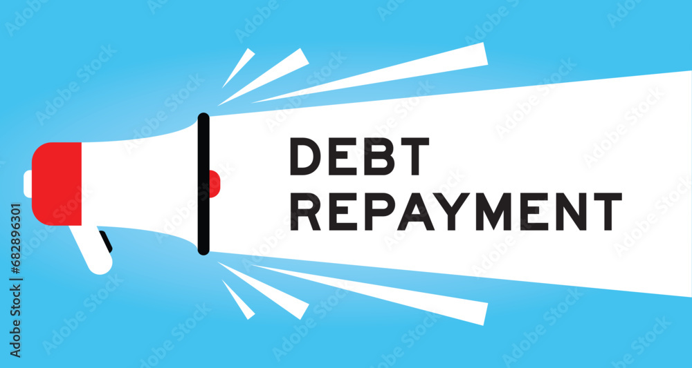 Sticker Color megaphone icon with word debt payment in white banner on blue background