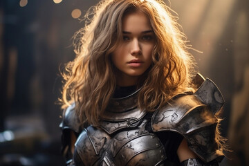 Medieval woman warrior in armor.