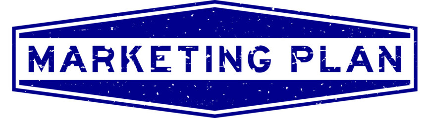 Grunge blue marketing plan word hexagon rubber seal stamp on white background