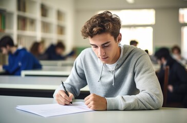 Obraz premium College boy takes an exam in a university classroom