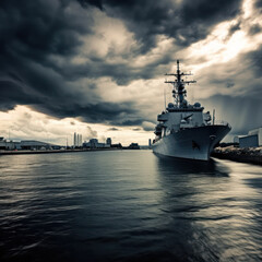 Obraz premium Stormy naval base with warships and dramatic clouds. 