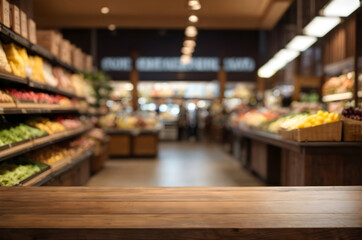 empty wooden table with beautiful grocery store background - obrazy, fototapety, plakaty
