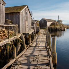 Old fishing dock with nets and a rustic village
