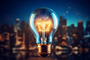 Close up of a light bulb, digital marketing creative new idea and innovation concept, isolated on a blurred background and glare light. Generative AI.