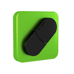 Black Medicine pill or tablet icon isolated on transparent background. Capsule pill and drug sign. Pharmacy design. Green square button.