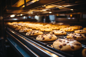 Cookies on a conveyor belt, food factory operates a production line, processing sweets, bakery