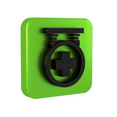 Obraz premium Black Hospital signboard icon isolated on transparent background. Green square button.