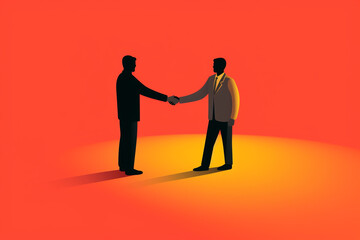 Minimal flat graphic illustration art of two businessmen in suits shaking hands at a business corporate meeting isolated on a simple background. Generative AI.