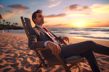 businessman in a suit relaxing on a beach chair against a stunning sunset over the sea