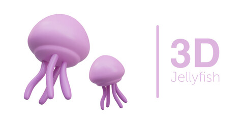 Pink jellyfish on white background. Set of vector objects in different positions. Underwater oceanic inhabitants. Colorful sea creatures with tentacles. Marine fauna