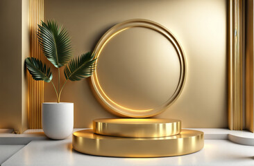 Golden podium with mirror with plant décor commercial product session