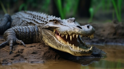 Alligator on the shore of the lake lies near the water with an open mouth in a habitat generative ai