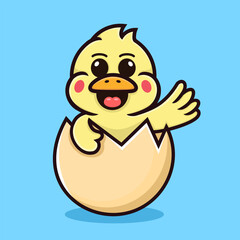 Cute duck cartoon, saying hello behind the egg shell.