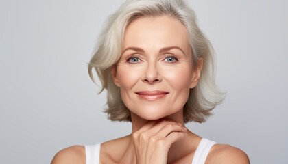 Age-Defying Elegance: A Senior Model Showcasing Skincare and Fashion Gracefully, Isolated on a White Background