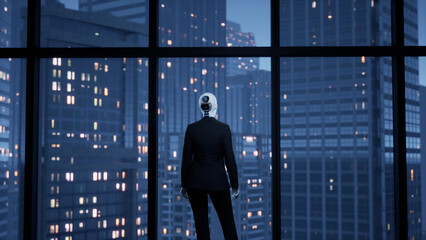 A robot humanoid staying in the empty office and looking out the window at the big night city. future technology concept