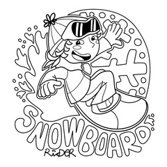 Illustration in black and white  of a boy with his snowboard surfing in the snow and a big snowflake in the background, coloring page