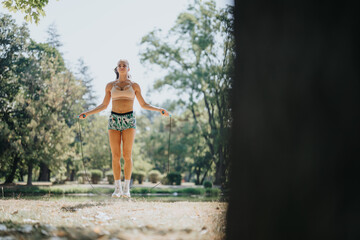 Caucasian woman and friends exercise outdoors, jumping rope and warming up in the park. She active routine promotes a healthy lifestyle and showcases dedicated athletes in sportswear.