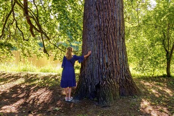Century-old linden tree in the park. Girl next to a tree. Huge diameter tree trunk.