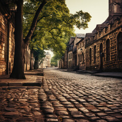 Fototapeta premium An old European cobblestone street in a sepia-toned 