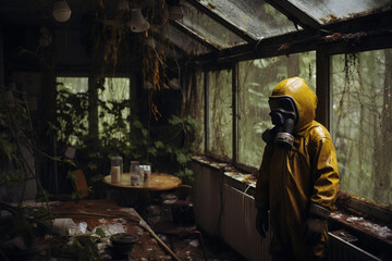 Fototapeta premium Radioactive pollution. A child in a gas mask