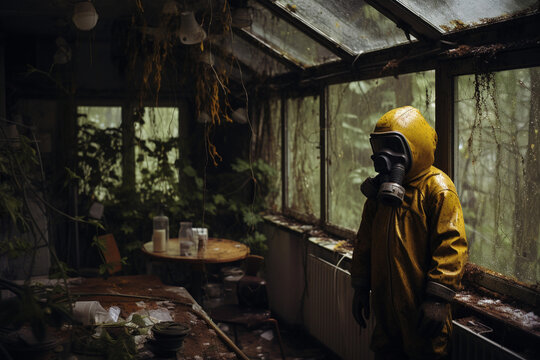 Radioactive pollution. A child in a gas mask