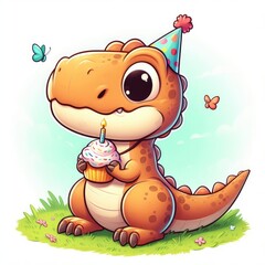 Naklejka premium Dinosaur with Birthday Cupcake