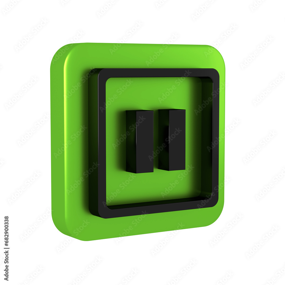 Poster black pause button icon isolated on transparent background. green square button.